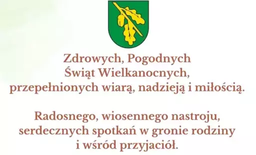 życzenia na jasnym tle z herbem i motywem wielkanocnym kosz z jajkami
